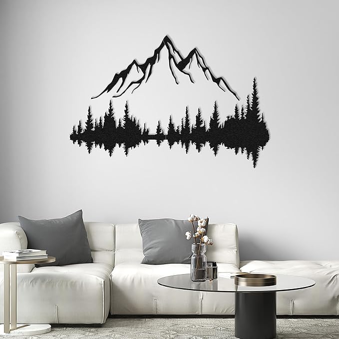 Mountain Lake Forest Large Metal Wall Art Black Minimalist Nature Silhouette Wall Decor Outdoor Landscape Wall Sculpture for Living Room, Bedroom, Kitchen or Office (Black, 24W'' x 16L'', Unframed)