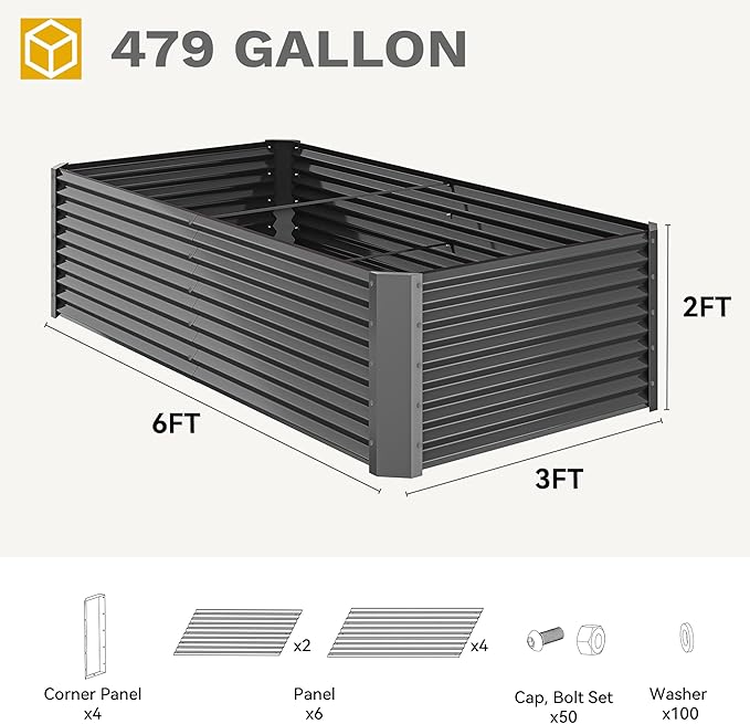 DWVO 6 x 3 x 2 FT Raised Garden Bed Kit, Outdoor Galvanized Flower Bed with Gloves, Large Metal Planter Box for Vegetables, Flowers, Herbs, Fruits, Black