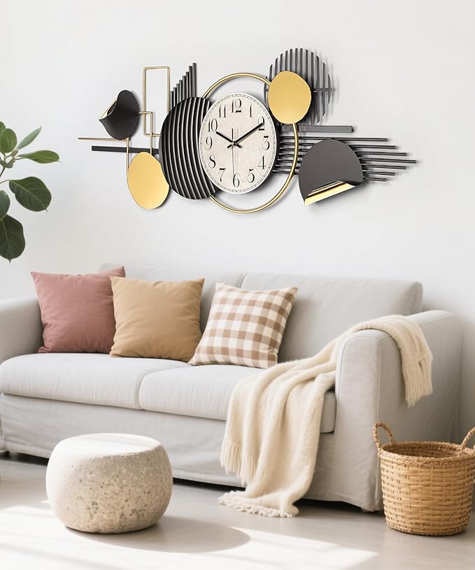 Large Wall Clock, Modern Silent Non-Ticking Metal Wall Art Wall Clocks Battery