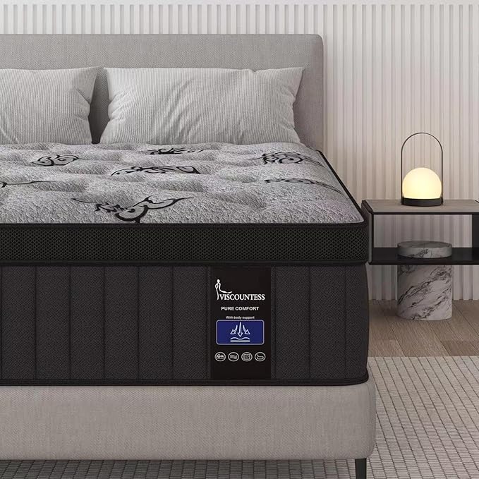 King Mattress, 9 Inch Hybrid Mattresses Bed in a Box with Gel Memory Foam & Pocket Spring, Euro Top, Medium Firm for Back Support & Pressure Relief, Motion Isolation, Grey