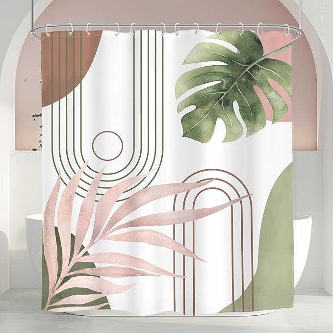 Glawry Abstract Tropical Shower Curtain Chic Boho Plant Palm Leaf Watercolor Pink Green Simple Minimalist Bathroom Modern Botanical 60Wx72L Inches Bath Accessories Art Home Decor Fabric with Hooks