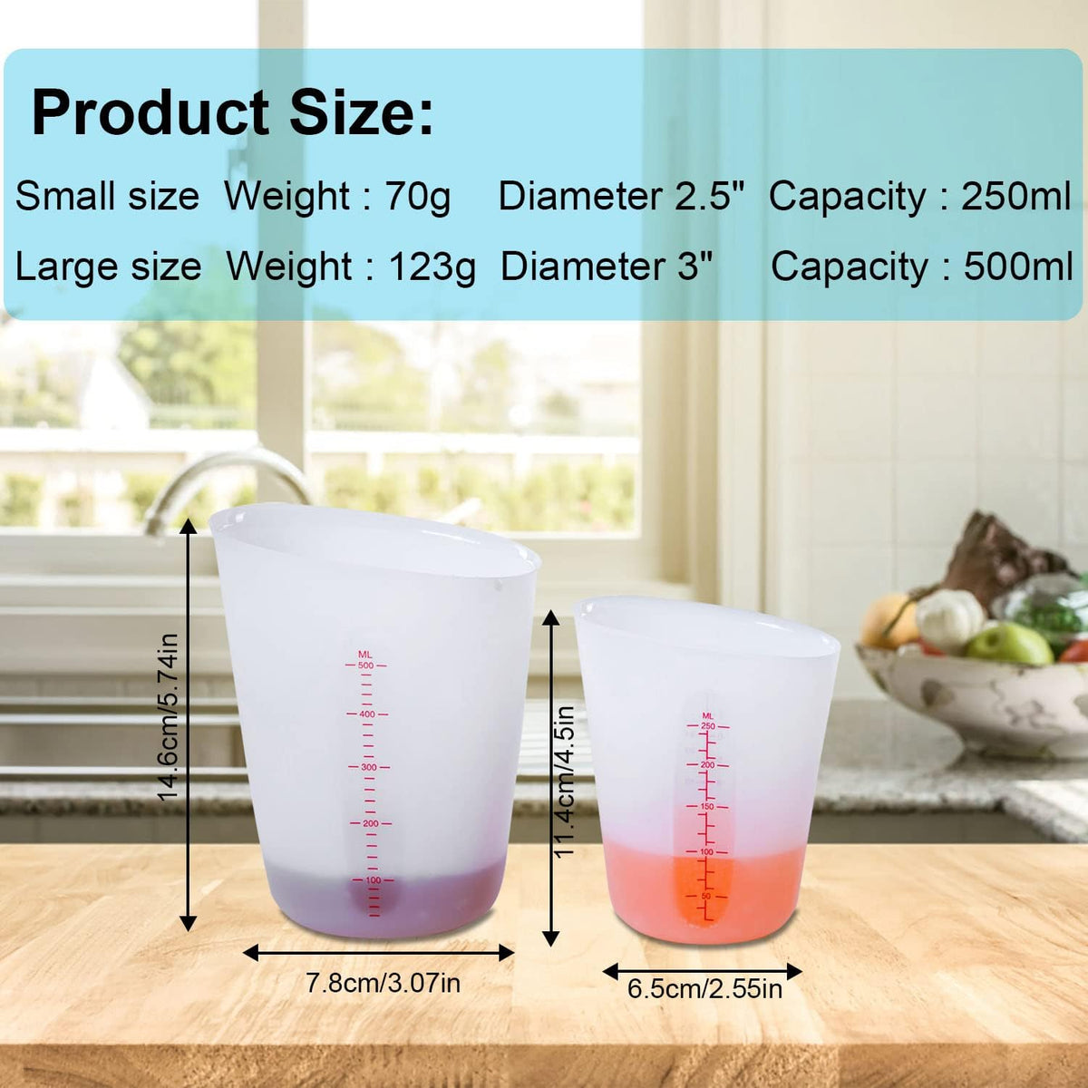 Silicone Measuring Cups, 500ml & 250ml Large Flexible Mixing Cups, 2 Cups Pour Baking Cups for Epoxy Resin, DIY, Jewelry Making, Cooking