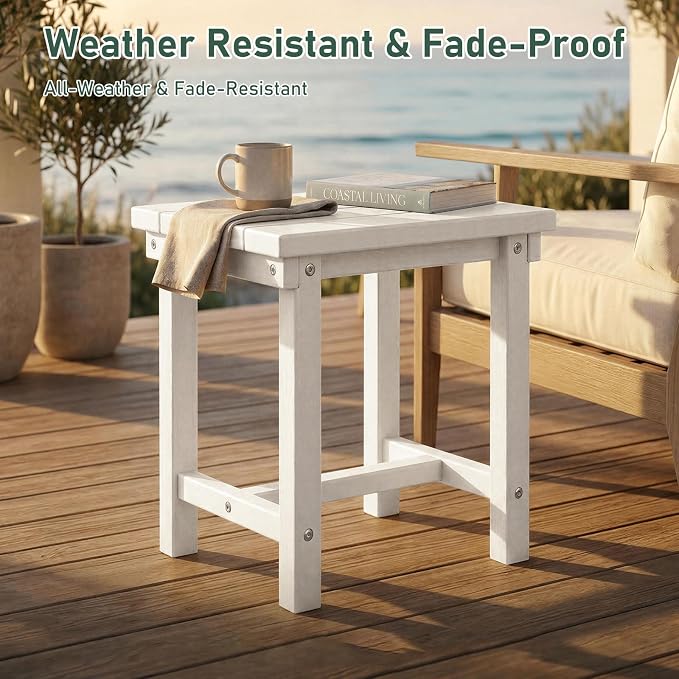 Furnimart Adirondack 16.5" Square Outdoor Side Table, Extra-Thick HDPE Composite Weather-Resistant Small Patio Table, White Outdoor End Table for Garden Balcony Yard Deck Poolside(White)