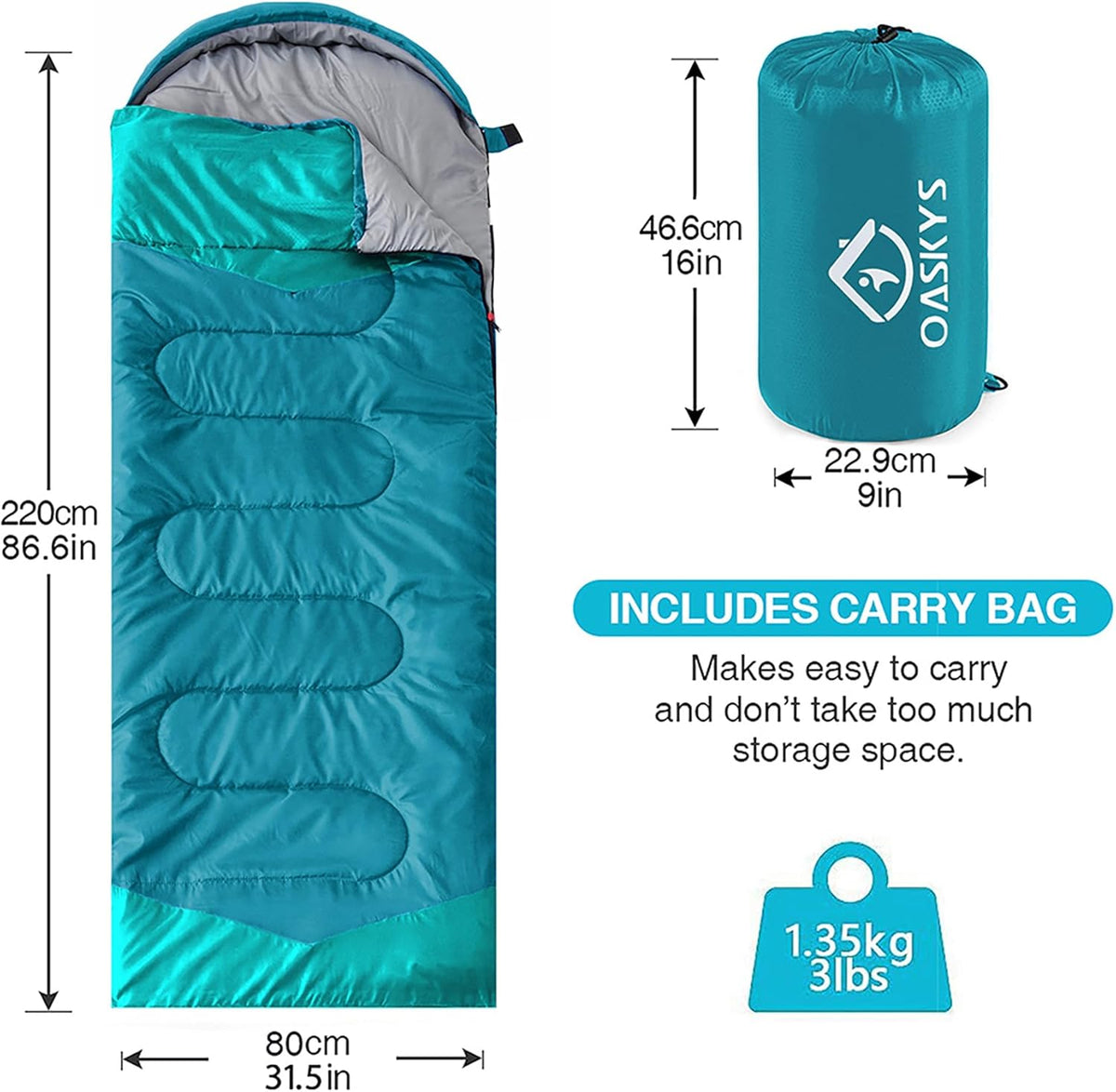 oaskys Camping Sleeping Bag - 3 Season Warm & Cool Weather - Summer Spring Fall Lightweight Waterproof for Adults Kids - Camping Gear Equipment, Traveling, and Outdoors