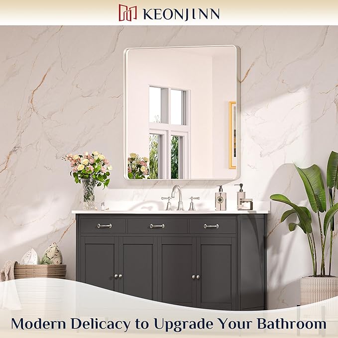 Keonjinn 32 x 36 Inch Brushed Nickel Bathroom Mirrors