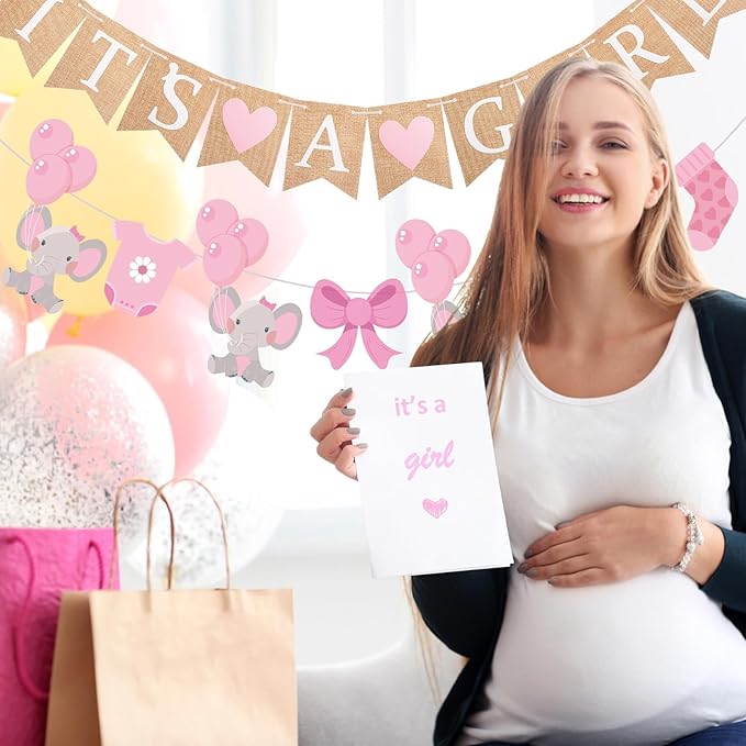 2 Pcs Baby Girl Shower Decorations Pre-Strung It's A Girl Burlap Banner and Elephant Baby Banner for Gender Reveal Birthday Shower Party Decorations
