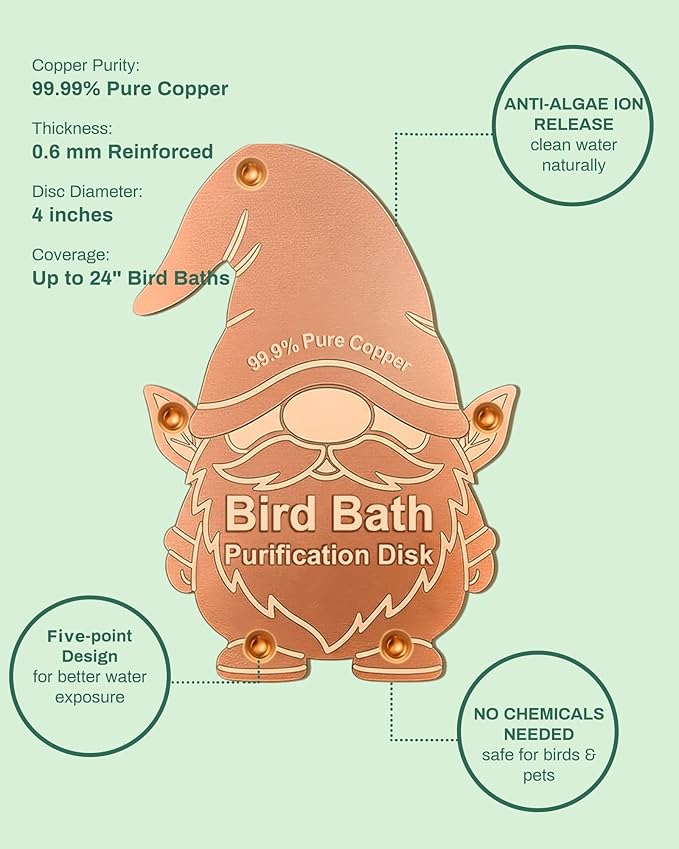 Bird Bath Purification Disk Pure Copper Outside Winter Solar Power Birdbath Backyard Outdoor Wild Cleaner Heater Hummingbird Bee Water Humming Feeder Cage Dispenser Lover Gift Accessories Gnome