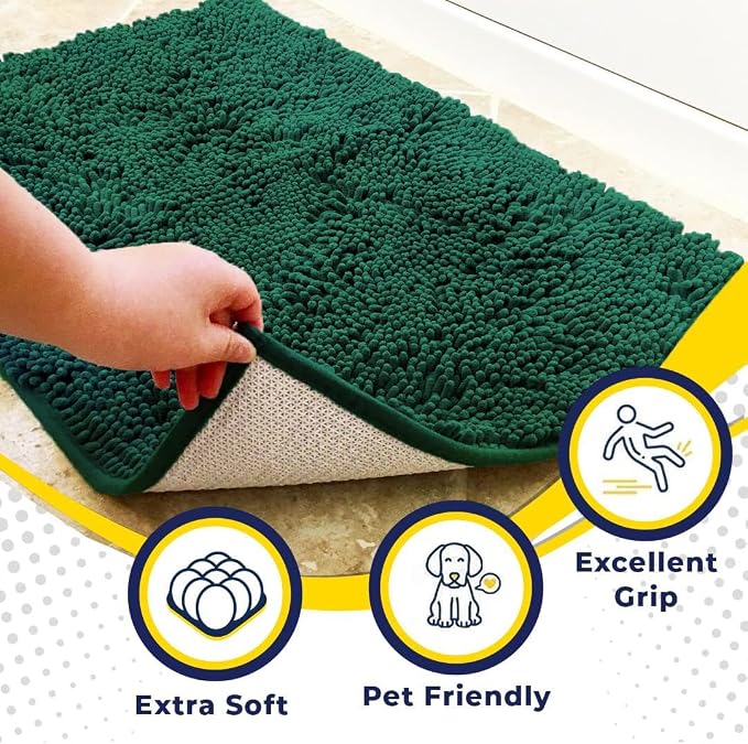 Muddy Mat® | Super Water Absorbent Door Mat Indoor, Microfiber Quick Dry Chenille Entryway Rug, Slip Resistant Front Door Mat, Indoor Mats for Entryway, Machine Washable Pet Rug, Dark Green 24" x 40"