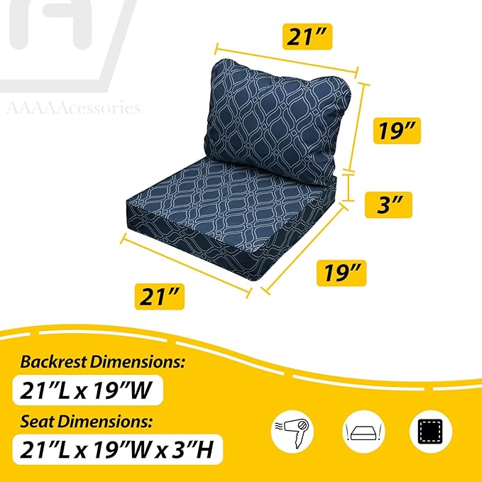 AAAAAcessories Outdoor Seat Cushions for Chairs, Fade-Resistant, Waterproof Patio Furniture Replacement Cushions, 21" x 19" x 3" + 21" x 19", Slate Blue Vine Trellis