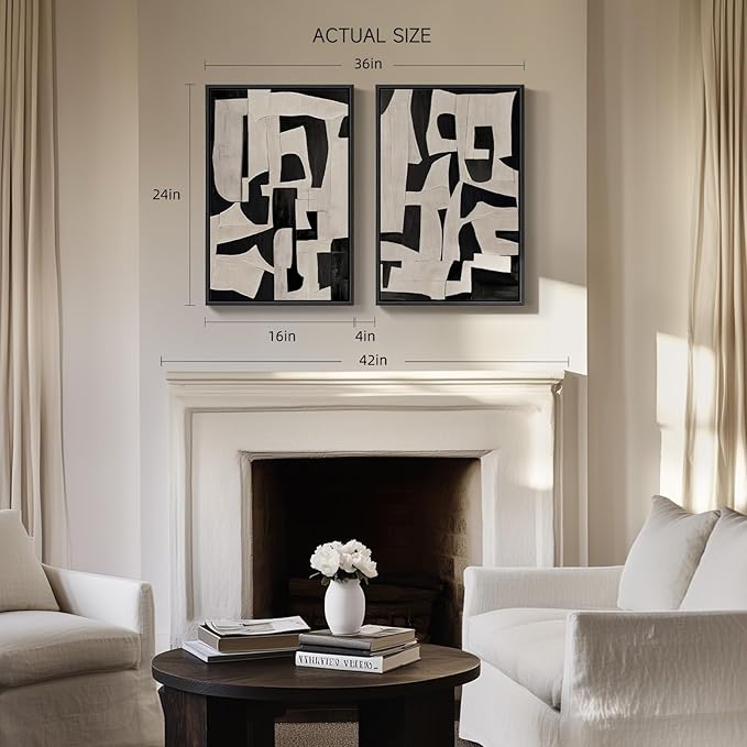 Framed Black and Beige Abstract Wall Art, 2 Piece Canvas Prints Paintings