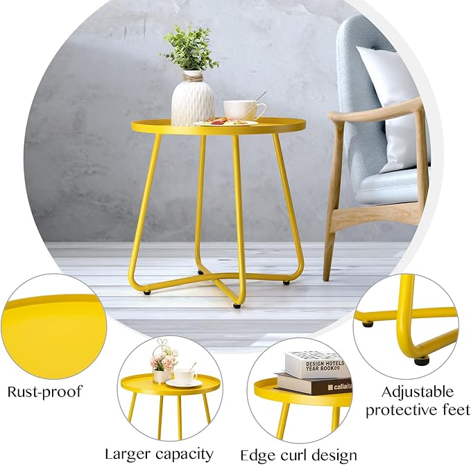 danpinera Outdoor Side Tables, Weather Resistant Steel Patio Side Table, Small Round Outdoor End Table Metal Side Table for Patio Yard Balcony Garden Bedside Yellow