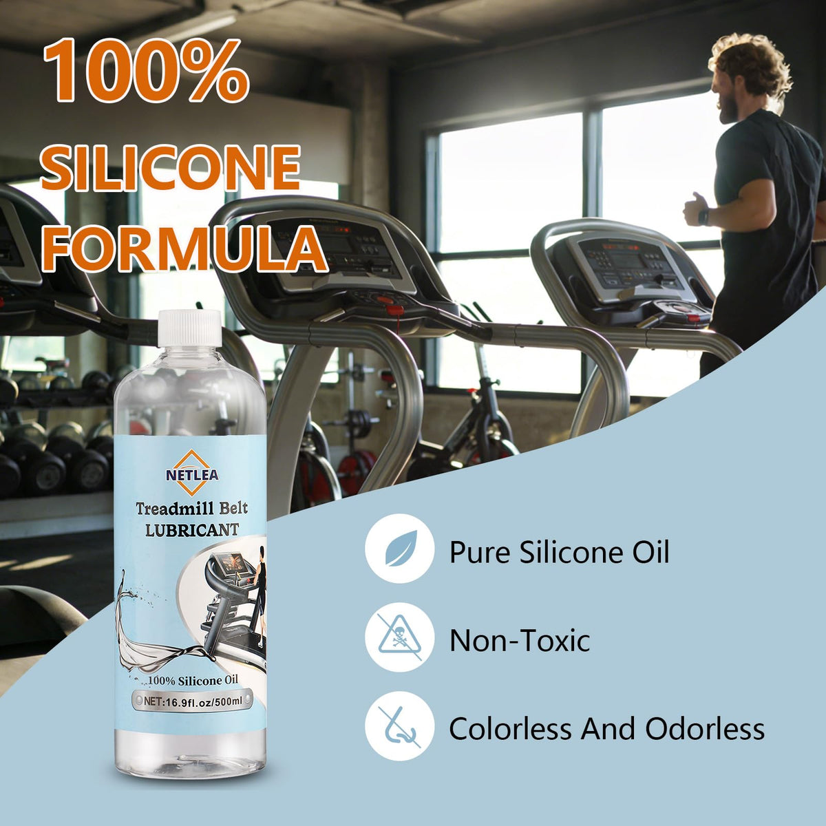 NetLea 100% Pure Silicone Treadmill Belt Lubricant 22 fl.oz/650ml Bottle - High Temp Resistant Treadmill Oil with Easy-Use Applicator Tube & Twist Cap (22oz（17oz+5oz）)