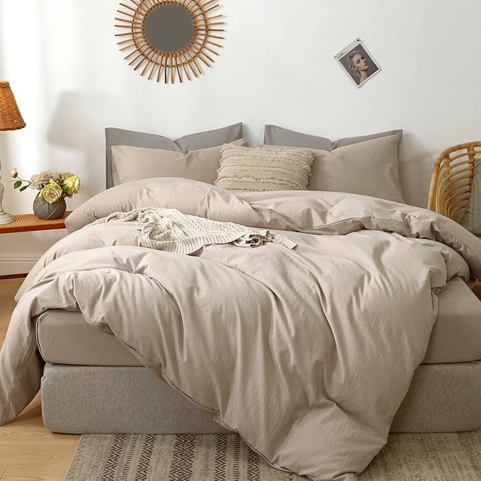MooMee Bedding Duvet Cover Set 100% Washed Cotton Linen Like Textured Breathable Durable Soft Comfy (Heathered Taupe, Oversized Queen 98"x98")
