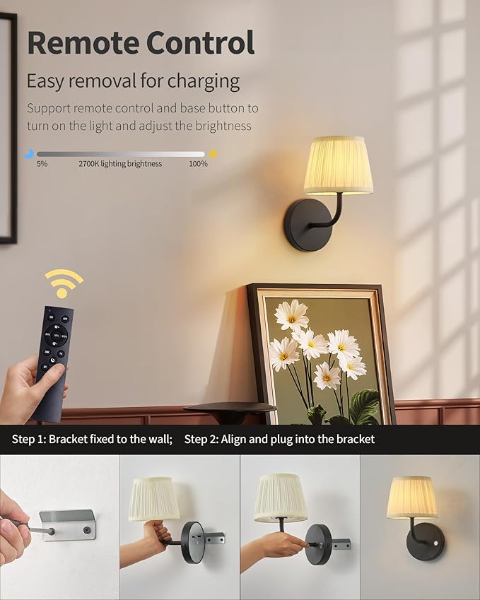 PUSU LED Cordless Black H9.6 inch Small Wall Sconces Set of 2, Rechargeable
