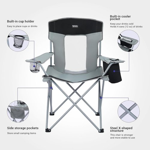 Byliable Camping Chair - Portable & Lightweight Folding Design with Drink Holder & Cooler Pouch | Gray/Black