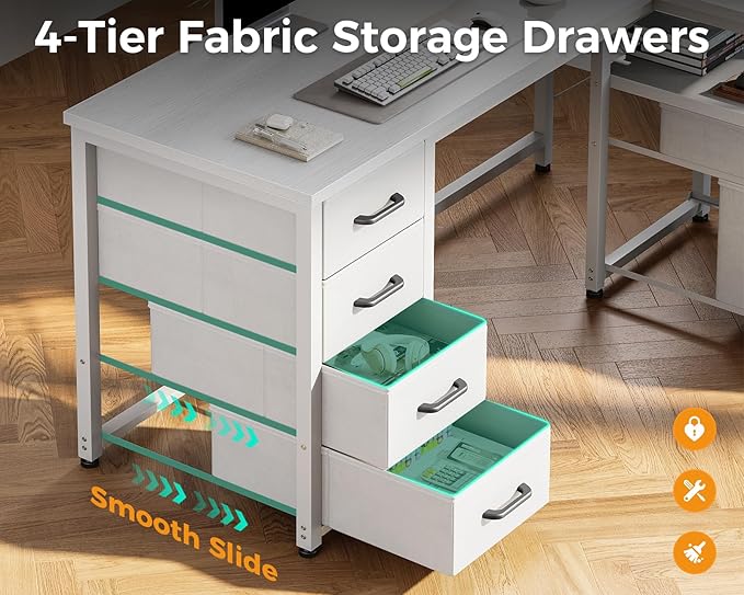 Coleshome L Shaped Computer Desk with 6 Drawers & Power Outlet, 63 Inch Office Desk with Reversible Storage Shelf & File Drawer, Home Office Desk, White
