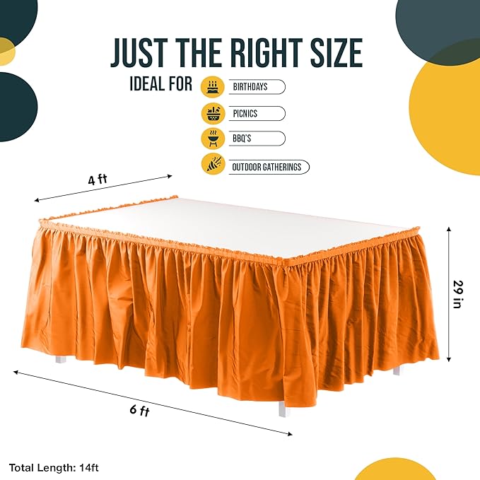 Exquisite Ruffle Table Skirt Orange 2 Pack 14 Ft Long Table Skirts for Rectangle Tables 6ft Plus or Round Tables Skirts with Adhesive Strip for Gender Reveal Decor & Happy Birthday Parties