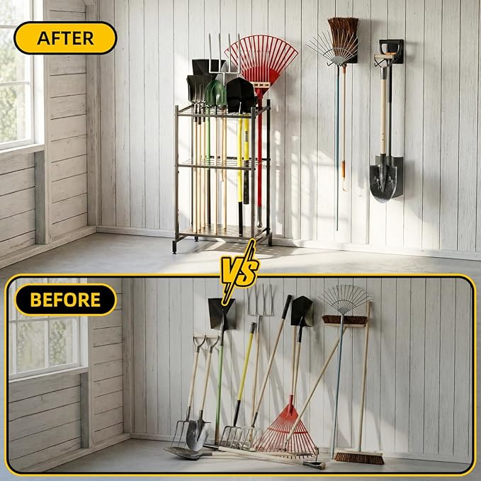 Garden Tool Organizer with 2 Pack Wall Mounted Racks, Holds 35+ Long-Handled Tools, Heavy Duty Metal Yard Tool Storage Stand for Garage, Shed & Outdoor Organization, Black