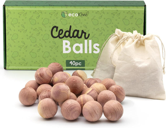ecoKiwi Cedar Balls for Clothes Storage 40 Pack - 100% Natural Red Cedar Blocks for Clothes Storage - Aromatic Cedar Chips for Closets & Drawers - Cedarwood Oil Planks with Sandpaper & 3 Cotton Bags