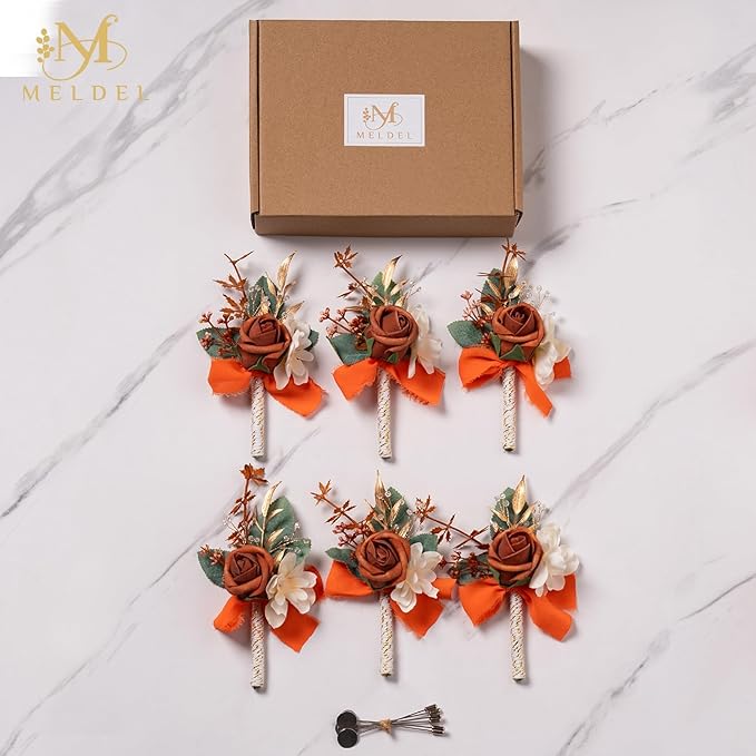 Meldel Terracotta Boutonniere for Men Wedding, Set of 6, Groom and Best Man Boutonniere, Guest Rose Boutonniere for Wedding Prom Homecoming Ceremony Anniversary Party, Burnt Orange