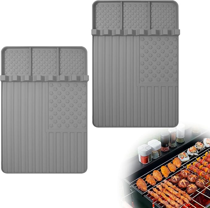 2 PCS Silicone Griddle Tools Mat for Blackstone,Grill BBQ Caddy Utensils Holder for Kitchen,Cooking & Countertop,Large Spatula Mat with Drip Pad,Griddle Accessories for Blackstone (Grey-2)