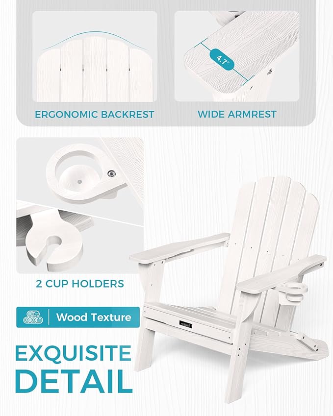 Adirondack Chairs Set of 2, Wood Texture Fire Pit Chairs, Plastic Adirondack Chairs with 2 Cup Holder, Outdoor Lawn Chair for Patio Garden, White