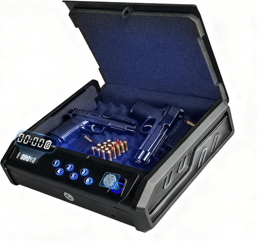 gun safe，with 3 Quick-Access Fingerprint，Passcode，Key.with LCD Display，with Pistol Safe Handgun Safe, Hand Gun Lock Box for Home Drawer Car Bedside Nightstand