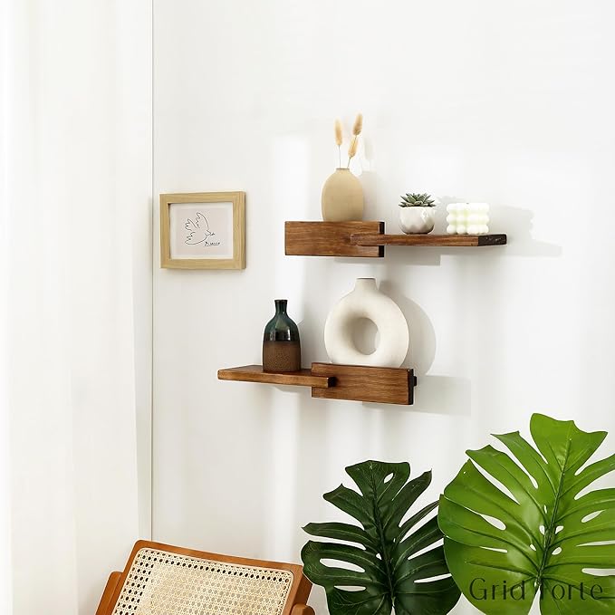 GRID FORTE Wood Floating Shelf Set of 2, 4.5D x 15W Inch Modern Reversible Wall