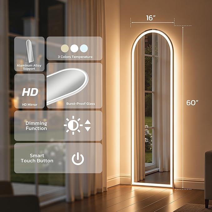 Arched Full Length Mirror with LED Lights, Body Floor Mirrors with Dimming & 3