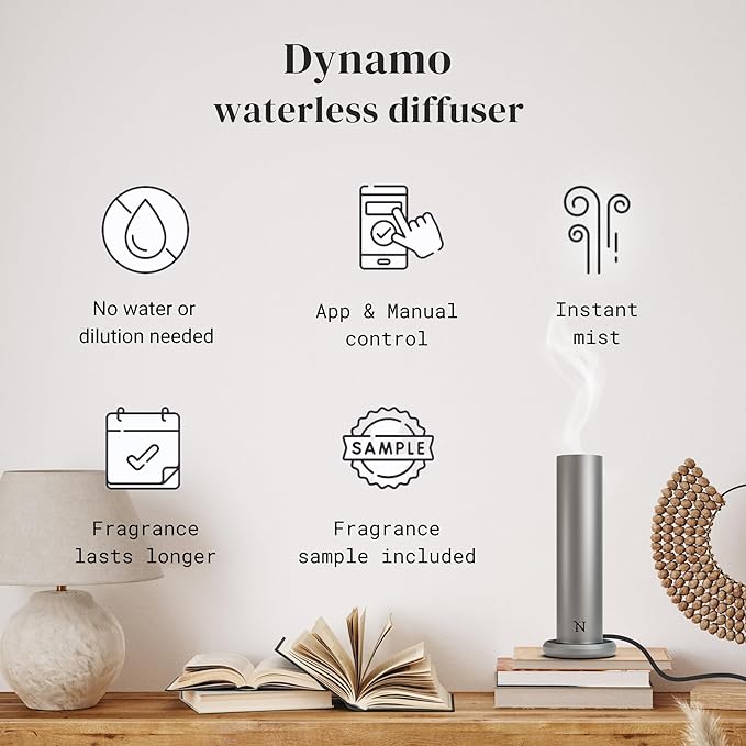 Dynamo Essential Oil Diffuser for Home with Fragrance Sample, App & Manual Control, Cold-Air Scent Diffusers for Home,Large Room, Hotel Scent Diffuser, 1000sq.ft. Titanium, Aroma Diffusers