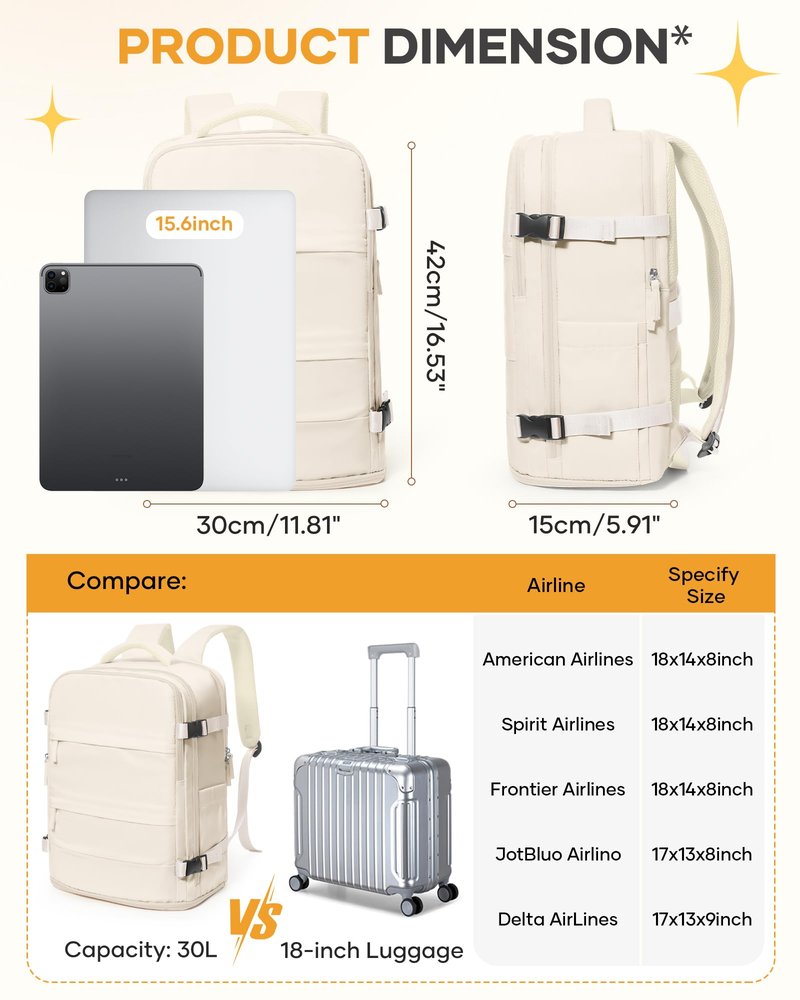 coofay Beige Travel Backpack For Women Men Airline Approved Personal Item Carry On Flight Approved Waterproof Backpack For Traveling On Airplane Weekender Travel Bag