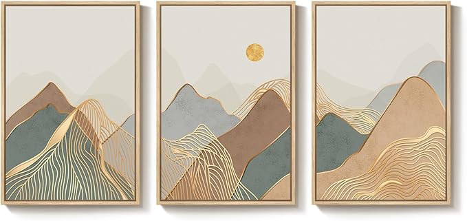 Framed Boho Abstract Mountain Wall Art Bedroom, 3 Piece Modern Nature Landscape Canvas Artwork for Walls, Sunset Minimalist Scenic Prints Wall Decor for Living Room Dining Room Hallway, 16x24 Inch