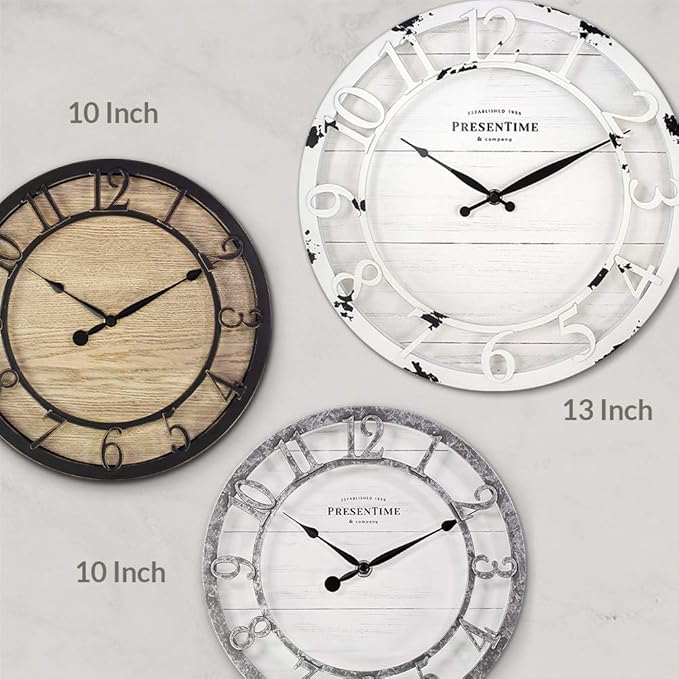 Presentime & Co 13" Farmhouse Series Wall Clock, Quartz Movement, Shiplap Style