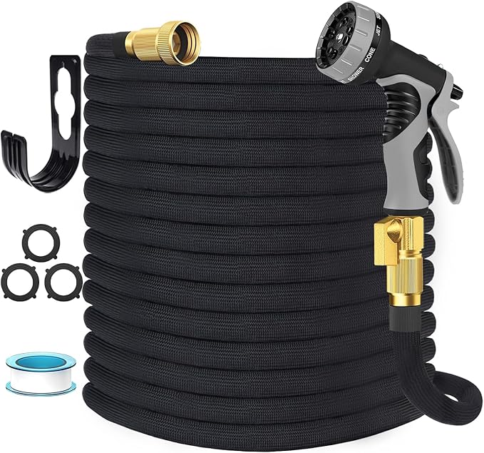 Garden Hose Non-Expandable 25 ft, Lightweight Flexible Water Hose with 10 Function Spray Nozzle, Outdoor Leak Proof, Kink-Free, Portable Hose for Yard, Lawn, Camper, High-Density Fabric, Black Grey