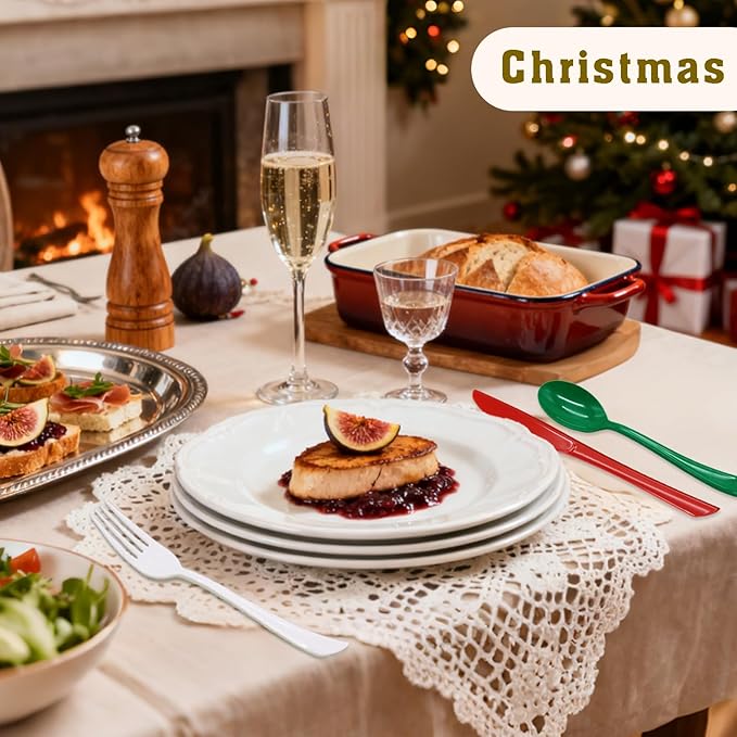153 Pcs Christmas Plastic Silverware Heavy Duty Disposable Tableware Sets Includes Spoons Forks Knives for Christmas Party Decorations (Red Green White)
