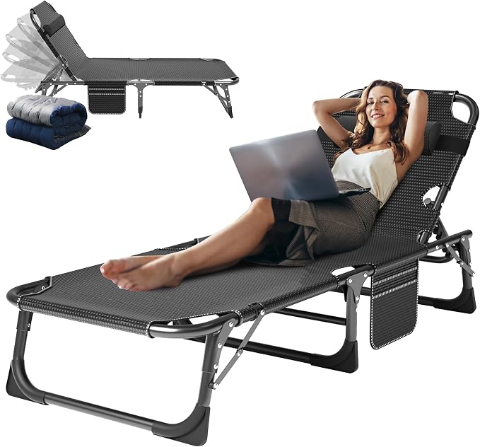 ABORON 3-in-1 Folding Lounge Chair with Padded Cushion, 440LB Heavy-Duty 3-Fold Adjustable Recliner & Guest Bed, No Assembly Portable Chaise Lounge for Patio, Poolside, Office Nap & Camping