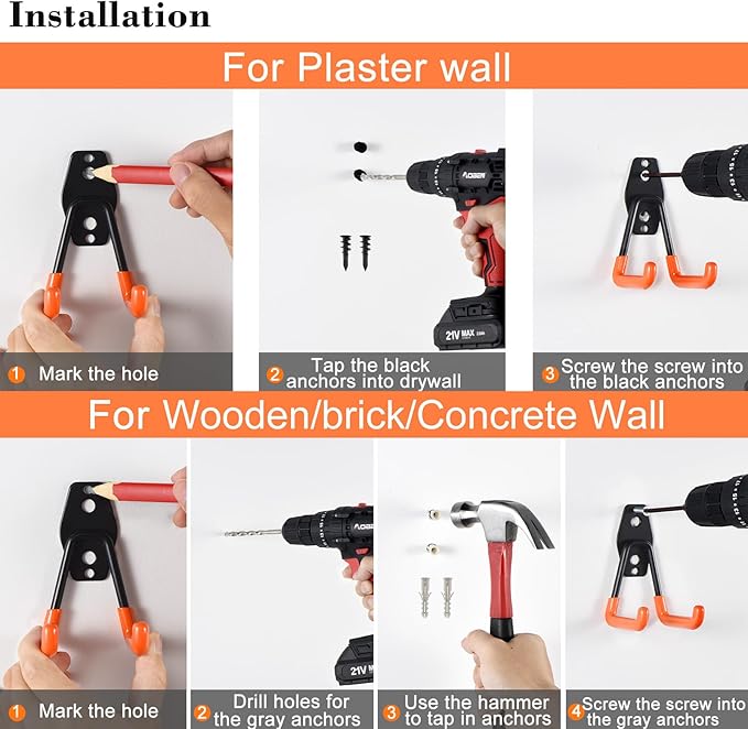 AOBEN 24PCS Garage Hooks, Heavy Duty Double Garage Hanger Organizer Wall Mount Iron Anti-Slip Garage Storage Hooks for Ladder, Power Tool,Bike,Ropes（23 Hooks & 1 hoder Strap-Black