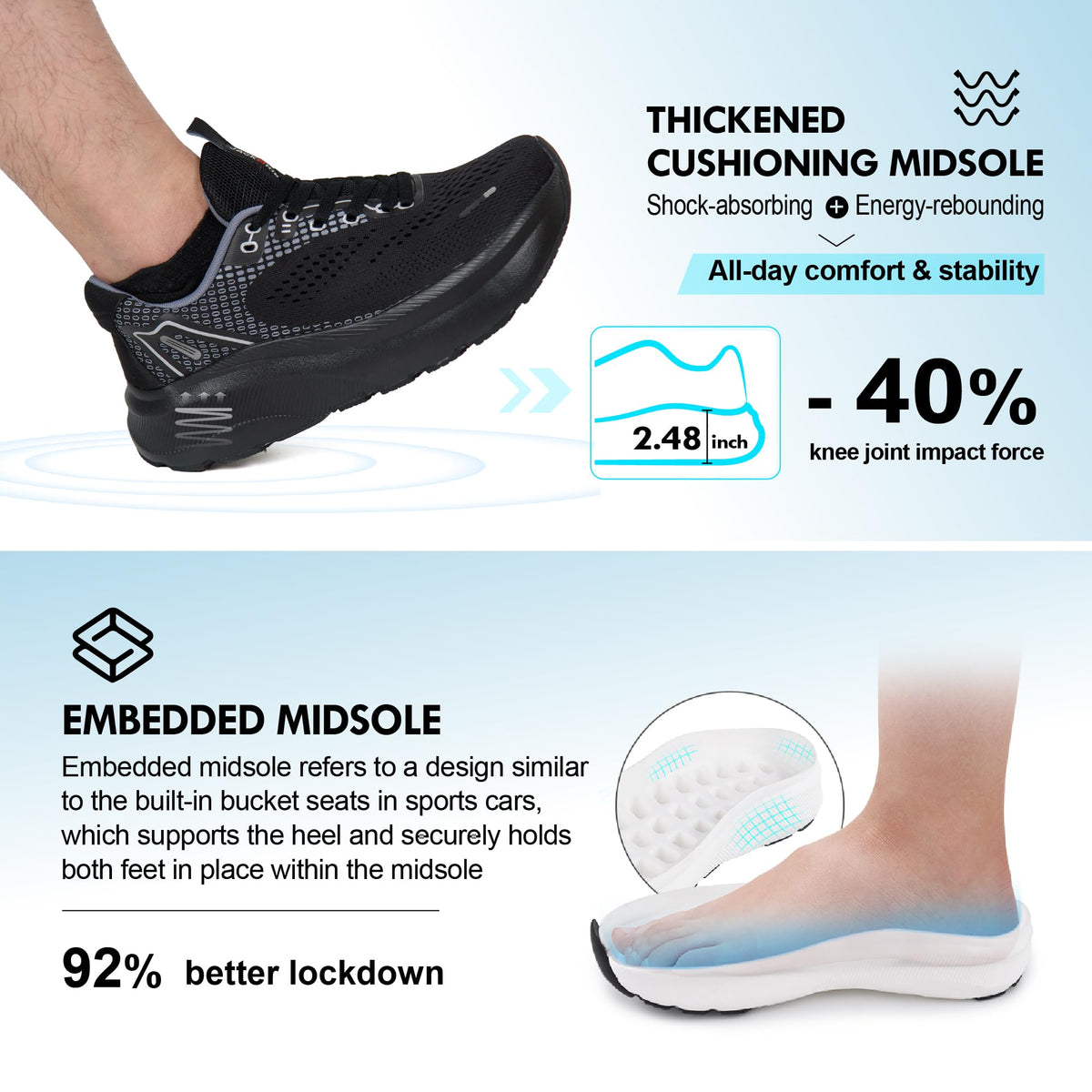 JACKSHIBO Wide Toe Box Shoes for Men Arch Support Shoes Wide Width Sneakers for Running Walking Athletic Tennis Orthopedic Plantar Fasciitis Workout with Thick Cushioned Zero Drop Sole Black