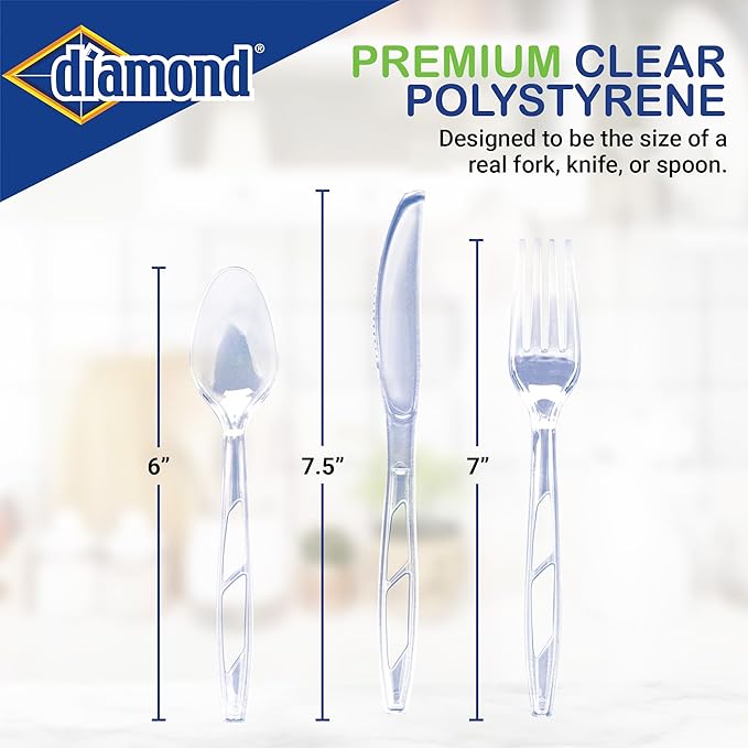 Diamond® Premium Clear Plastic Cutlery Set – 288 Count (144 Forks, 96 Spoons, 48 Knives), Disposable Full-Size Utensils, Party & Everyday Use