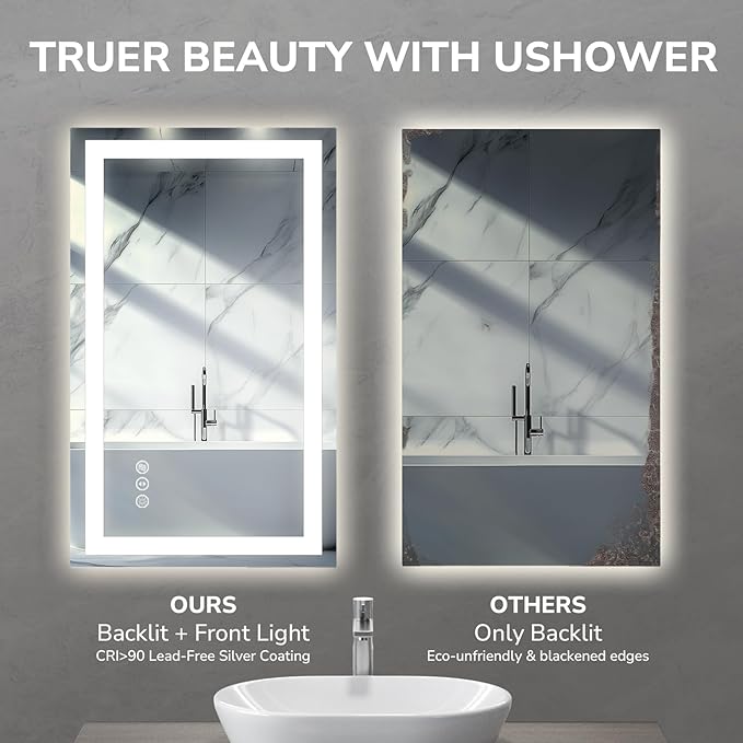 USHOWER LED Bathroom Mirror 40x32 Inch Tempered Glass