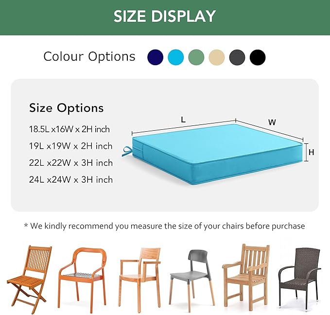 Outdoor Chair Cushions Set of 2: Waterproof & Fade Resistant Deep Seat Cushion for Patio Furniture - 24 x 24 x 3 Inch Chair Pads with Ties and Hidden Zipper - Patio Chair Cushion Replacement, Teal