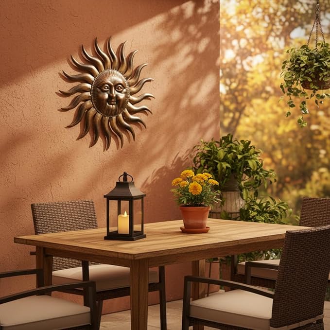 Comfy Hour 31" Sun Wall Decor, Large Metal Sun Wall Art for Outdoor Patio and Indoor Living Room, 3D Decorative Sunface Sculpture for Fence House and Yard, Artisan Crafted Iron Accent, Bronze Finish