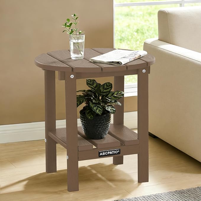 Outdoor Side Table Round - Patio Side Tables - HDPE Small Outdoor End Table for Backyard Pool Porch Balcony - Double Layer Storage - Light Brown (Wood Grain Finish)