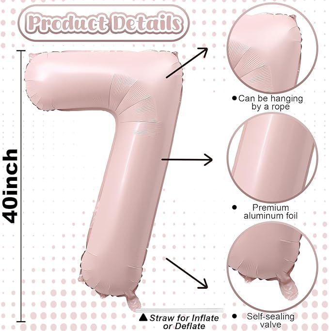 Light Pink Number Balloon 7, 40 Inch Large Self Inflating 7 Foil Number Balloons 0-9, Blush Pastel Pink Digital 7 Helium Balloon for Girls Women 7th Birthday Party Graduation Anniversary Decorations