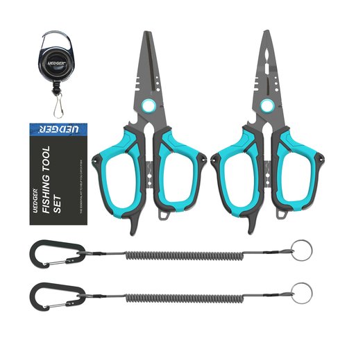 UEDGER Fishing Scissors Line Cutter - Saltwater Fishing Pliers Kit with Retractors, Serrated Blades for Braid Line, Multifunction Split Ring Pliers Hook Remover Tools Gifts for Fisherman