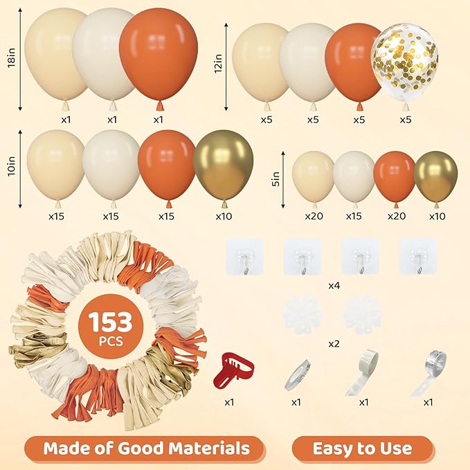 Amandir 153pcs Orange Balloon Arch Garland Kit, Different Sizes 18 12 10 5inch Latex Metallic Gold Confetti White Sand Pastel Orange Fall Balloons for Pumpkin Baby Shower Birthday Party Decorations