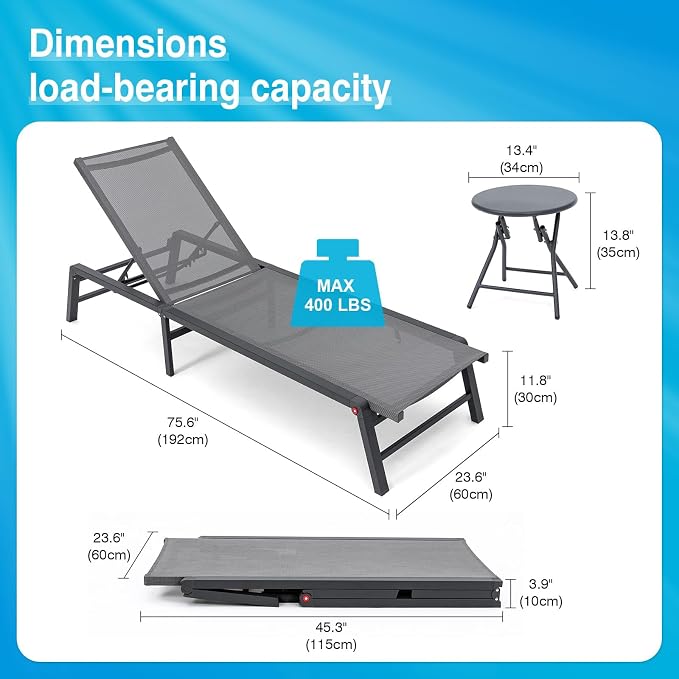 Aluminum Chaise Lounge Chair Outdoor, Foldable Patio Lounge Chair 2 Sets with Table Assemble-Free, Pool Lounge Chairs with 5 Adjustable Backrest, Outdoor Lounge Chairs for Outside Poolside Grey