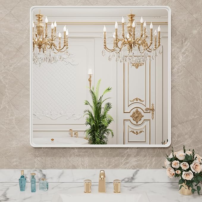LOAAO 38x38 Inch White Metal Framed Bathroom Mirror