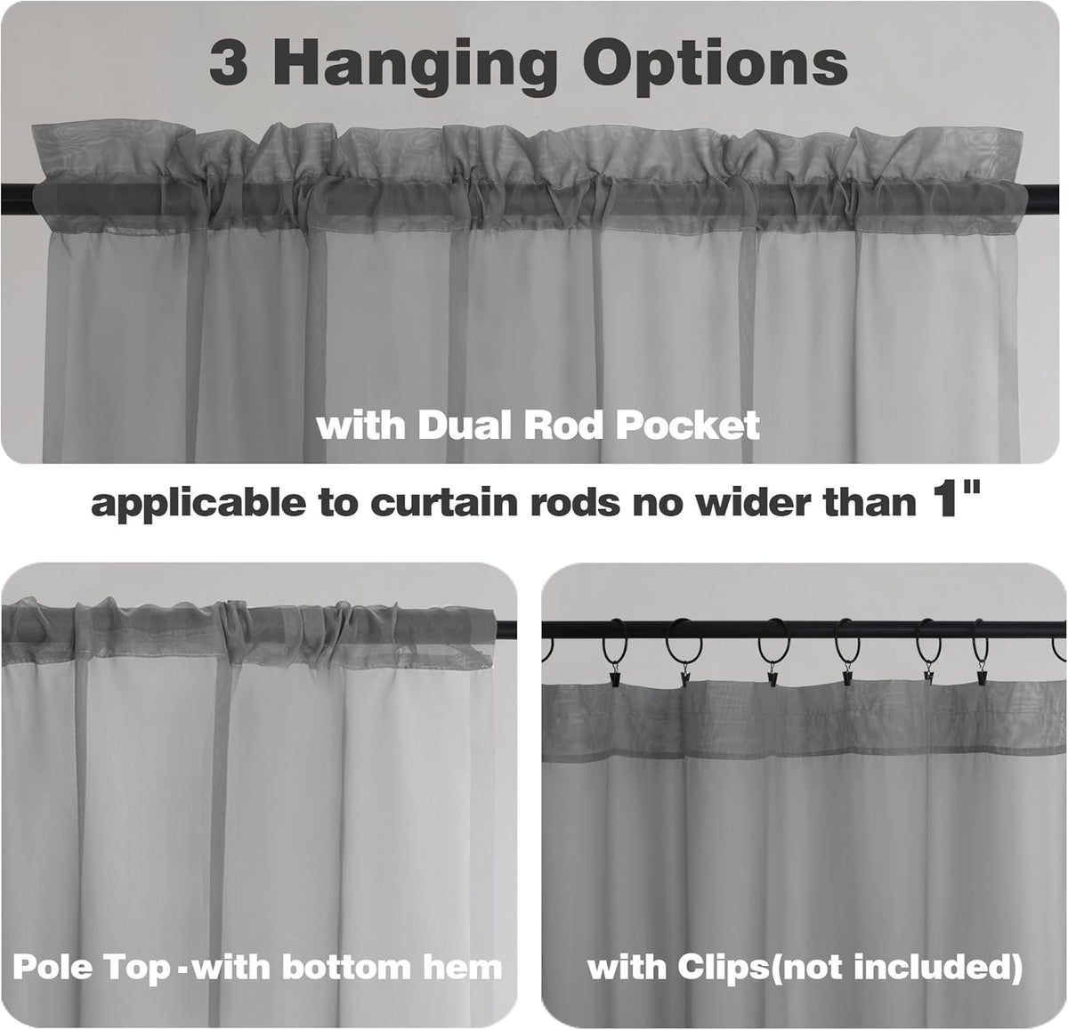 Chyhomenyc Sheer Valances for Windows 42W x 14L inches 2 Pack, Small Window Curtains for Living Room Bathroom Cafe Laundry Basement, Modern Top Dual Rod Pocket Voile Curtain, Charcoal Grey