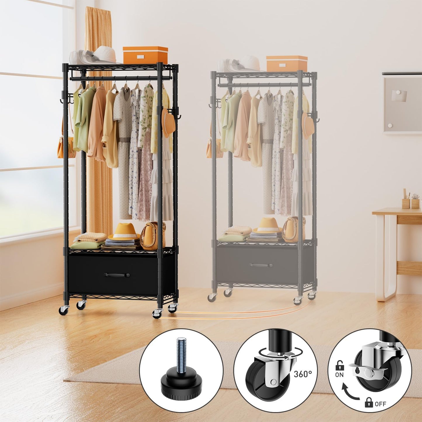 Clothes Rack, Clothing Rack for Hanging Clothes, 3 Tiers Adjustable Closet Organizer System with Drawer | Hanging Rod | Side Hooks | Load 445lbs | 23" L x 13.1" W x 78.7" H | Black